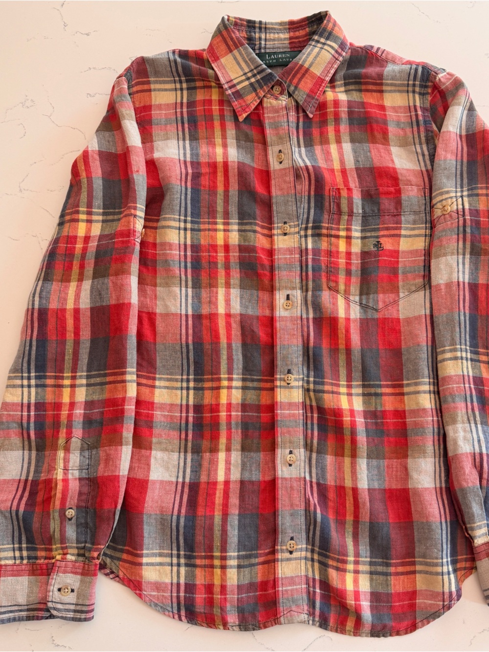 Ralph Lauren Red and Blue Plaid Linen and Cotton Button-Down Shirt